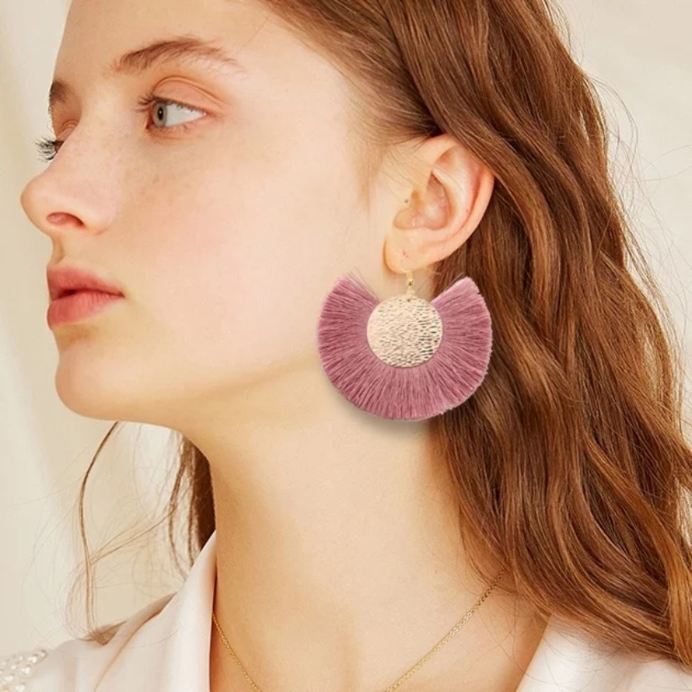 Pink Tassel Fringe Gold Textured Metal Earrings